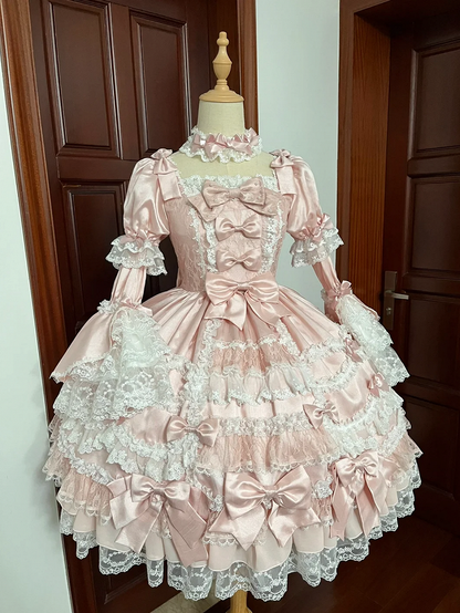 Pink Bow Accents High Waist Sweet Princess Lolita Dress with Detachable Sleeves
