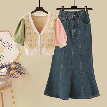 Skirt Colorblock Fishtail Set T-Shirt V-neck Denim