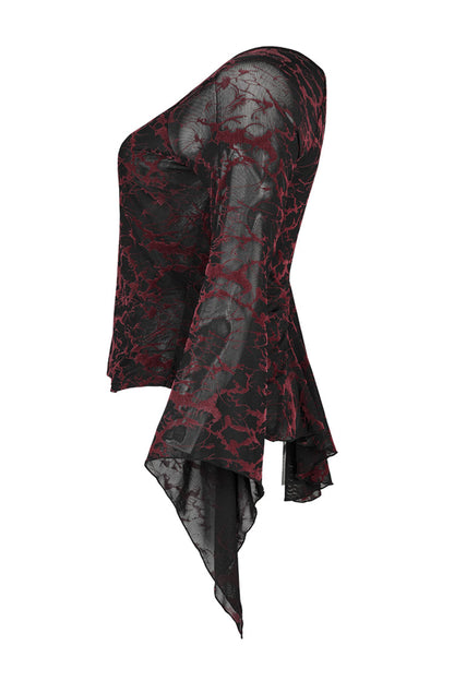 V Neck Stretch Mesh Abstract Pattern Flared Cuffs Plus Size Gothic Tee