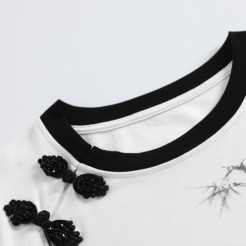 Tassels Vintage Waist Print T-Shirt High Bamboo Skirt Pleated