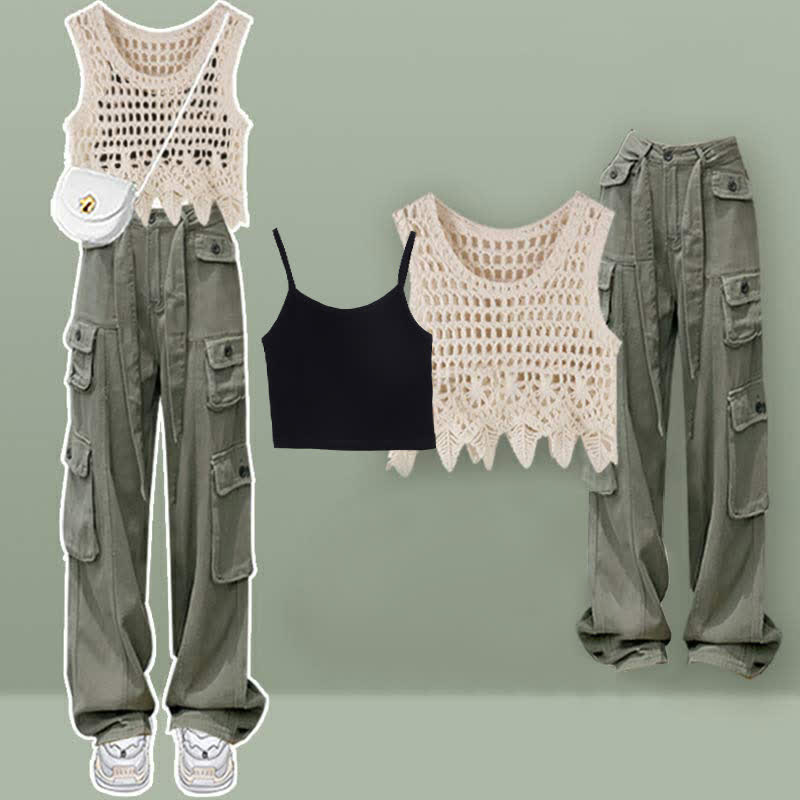 Hollow Out Crochet Crop Top Cami Top Cargo Pants