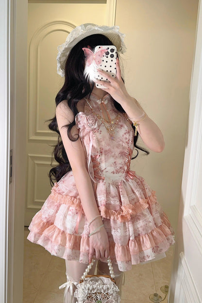 Peach Moon Bamboo Halterneck Print Ruffle Dress - Chinese Lolita Style