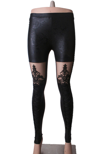 Gothic Women's Tight Leggings with Lace-Up Detail and Flocked Texture