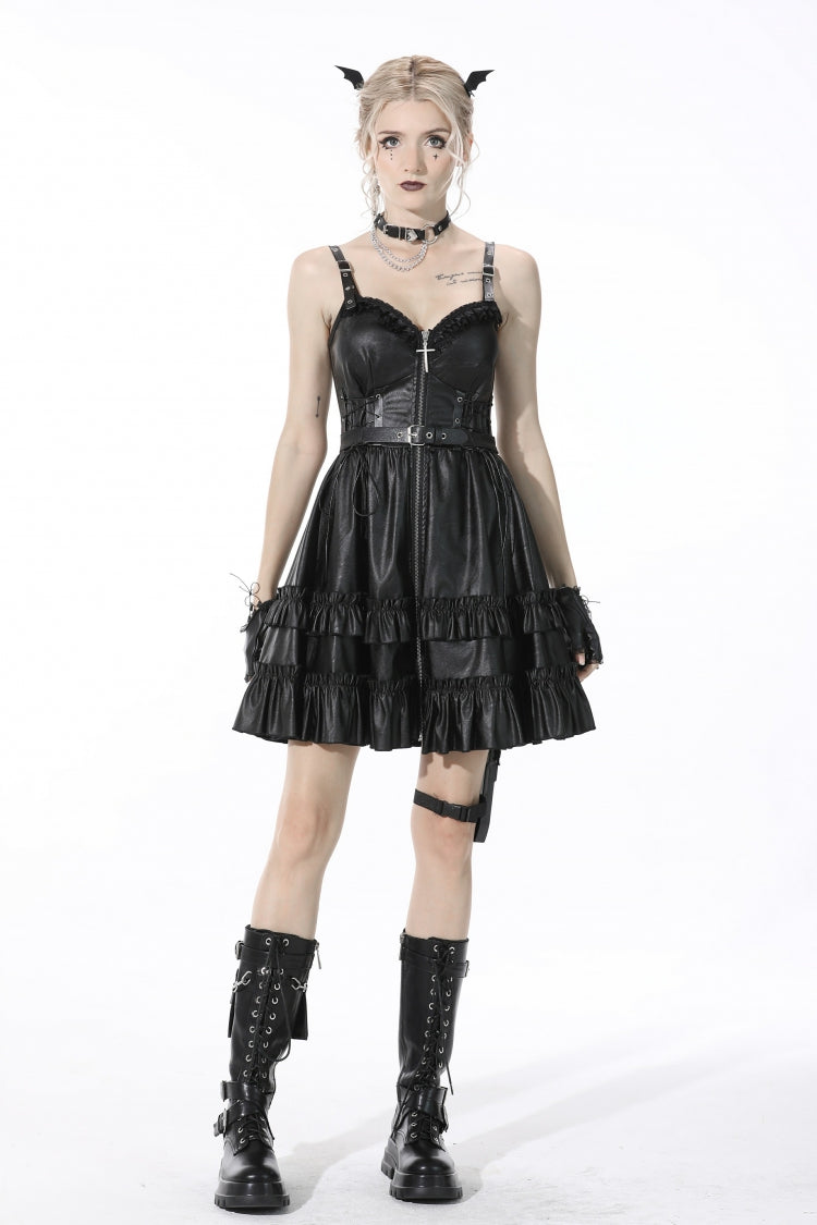 Layered Strap Gothic Dress with Buckles and Zippers