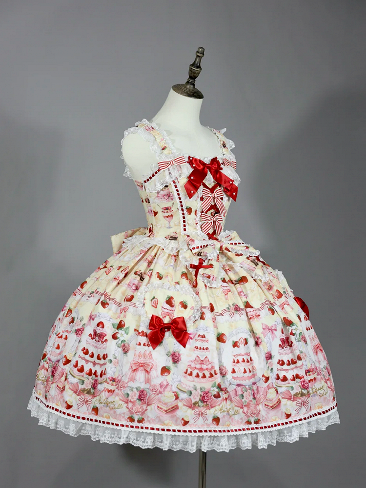 Strawberry and Desserts Print Yellow Sweet Bow Accents Lolita JSK / Full Set