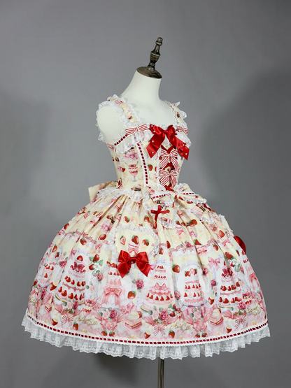 Strawberry and Desserts Print Yellow Sweet Bow Accents Lolita JSK / Full Set