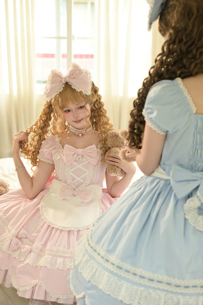 Square-Neck Cotton Dress with Double Ruffle Lace and Lacing