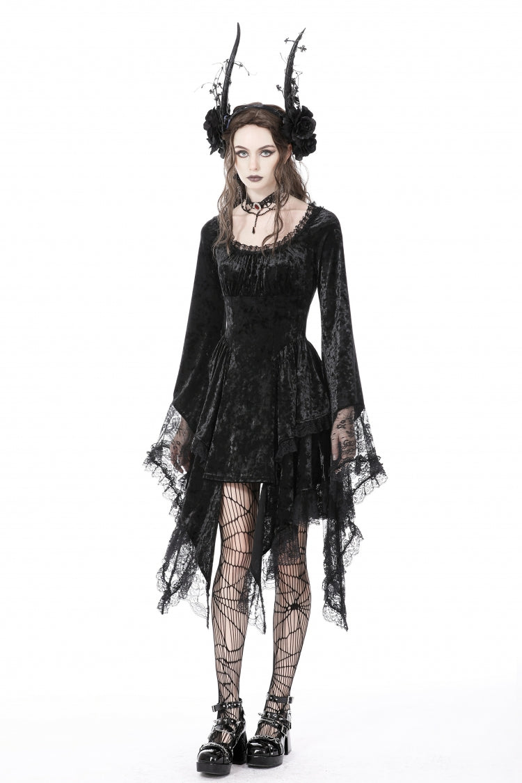 Long Trumpet Sleeve Lace Spliced Black Gothic Velvet Dress