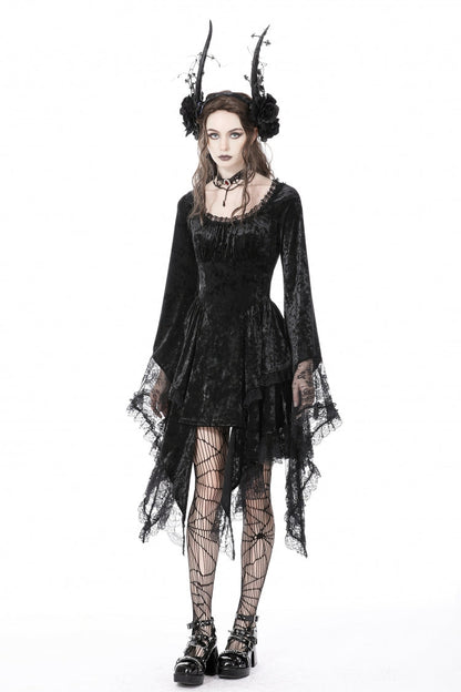 Long Trumpet Sleeve Lace Spliced Black Gothic Velvet Dress