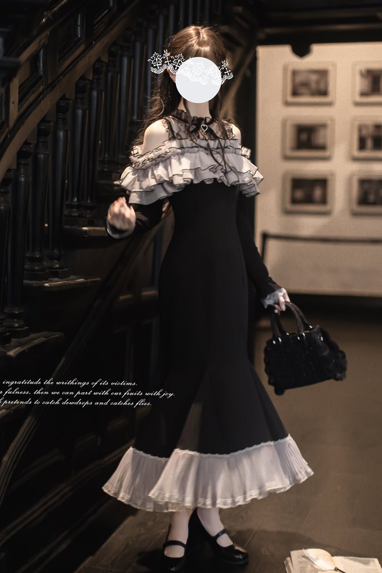 Ruffled Bowknot Fishtail Sweet Elegant Long-Sleeve Dress