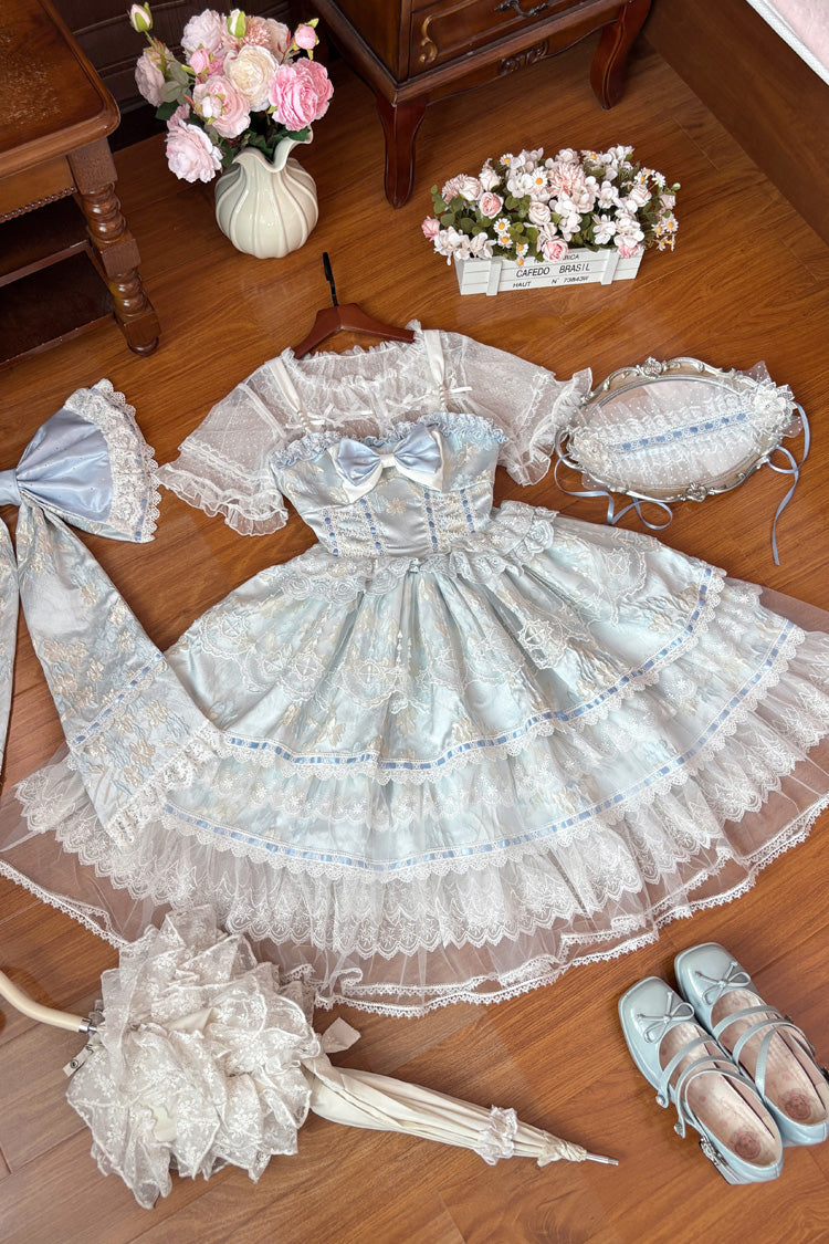 Square-Collar Embroidered Plus-Size JSK Set with Layered Ruffles