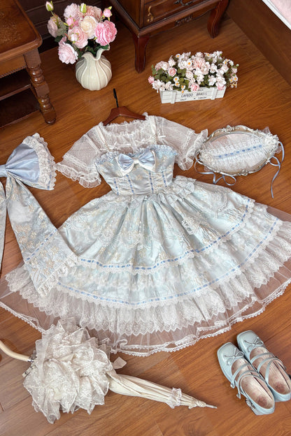 Square-Collar Embroidered Plus-Size JSK Set with Layered Ruffles
