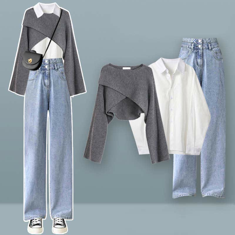 Ensemble pull en tricot croisé chic, chemise à revers, pantalon en denim