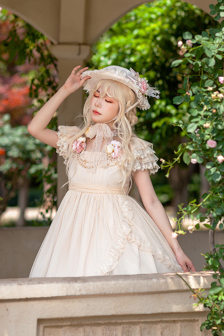 Apricot Polka Dot Asymmetric Ruffle Bow Lolita Dress - Moon goddess *Mediana*