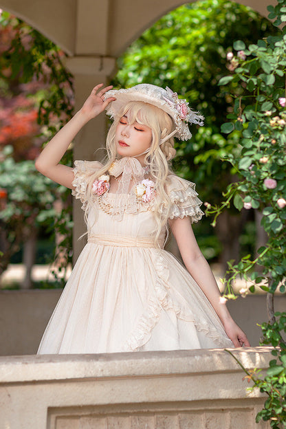 Apricot Polka Dot Asymmetric Ruffle Bow Lolita Dress - Moon goddess *Mediana*
