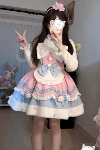 Sweet Lolita Cream Snow Cat Winter Ruffle Bowknot JSK Dress
