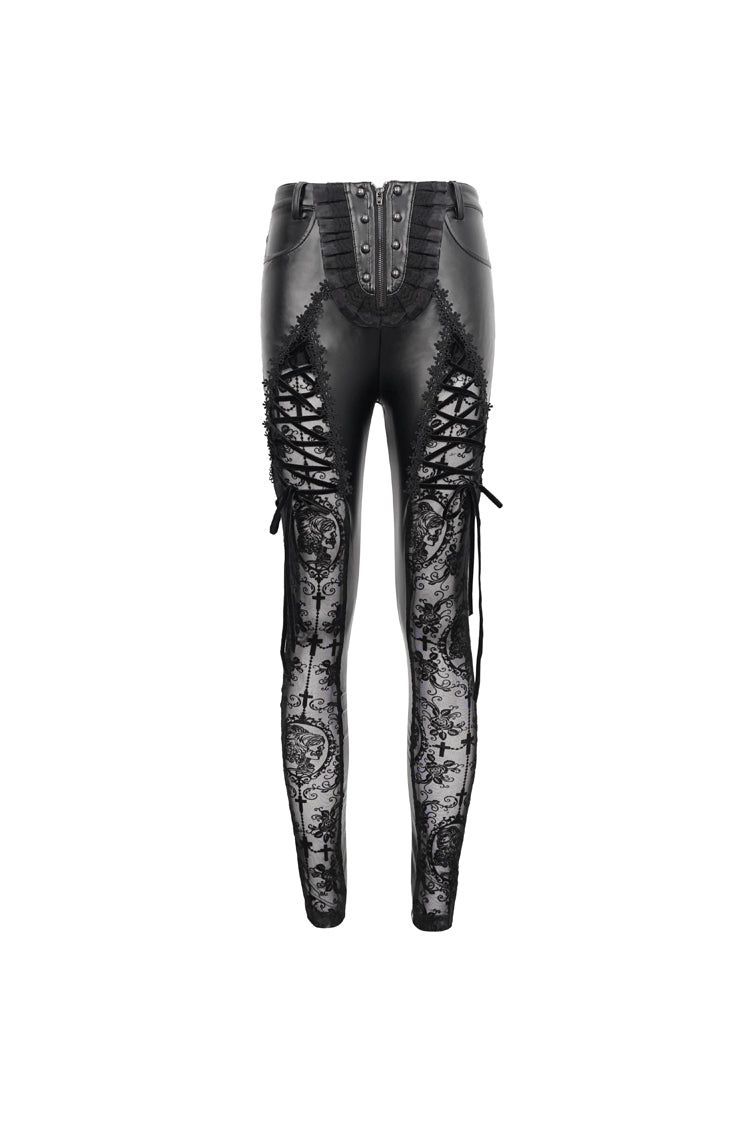Gothic Women's Slim Leggings with Adjustable Lace Strings and Flocked Stretch