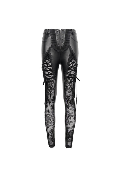 Gothic Women's Slim Leggings with Adjustable Lace Strings and Flocked Stretch