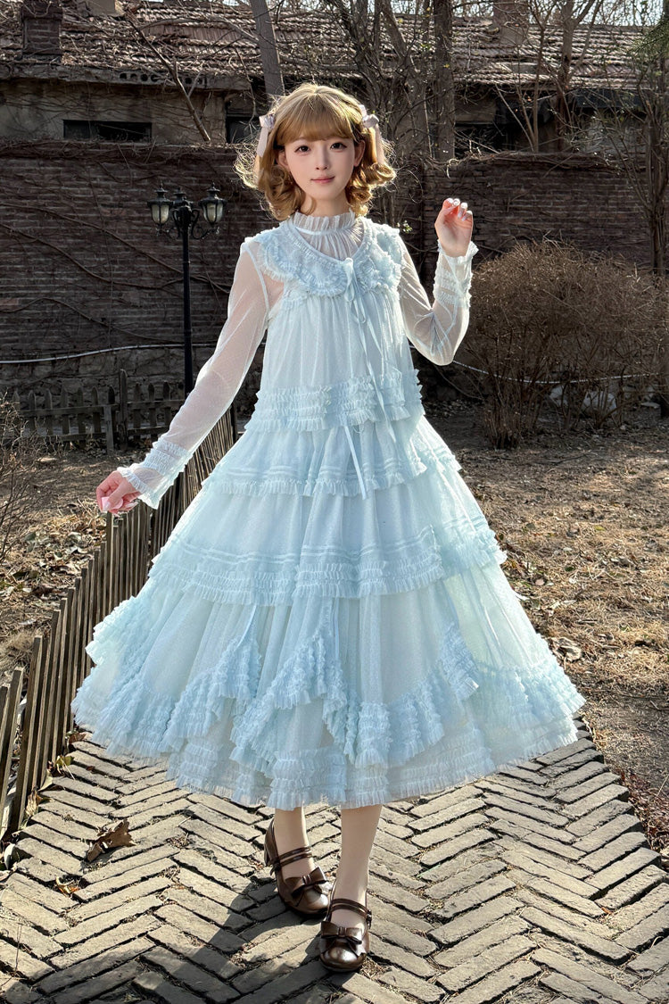 Sweet Stand Collar Long Sleeve Multi Layer Ruffle Color Block Lolita Tiered Dress 14 Colors