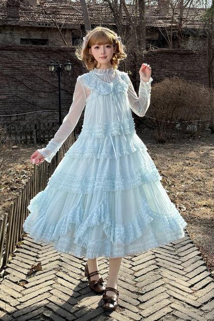Sweet Stand Collar Long Sleeve Multi Layer Ruffle Color Block Lolita Tiered Dress 14 Colors