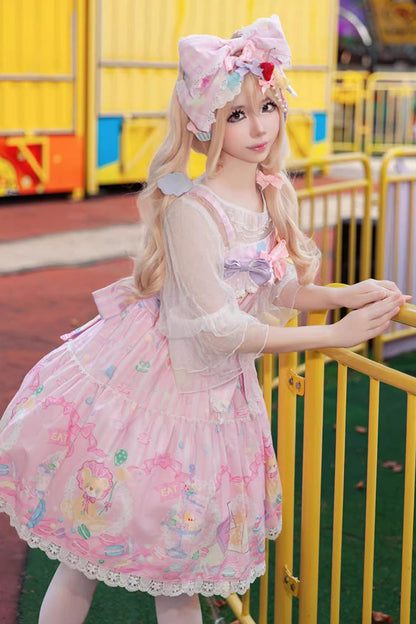 Pink Sleeveless Print Bow Sweet Lolita Jumper - Macaron Dolly House
