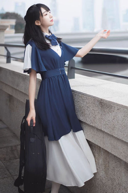 Blue and White Collegiate Chiffon Kawaii Sweet Dress