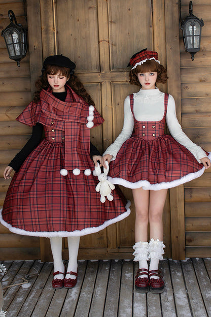 Crimson Striped Tartan Print Autumn Winter Fishbone Sweet Corset Lolita Dress