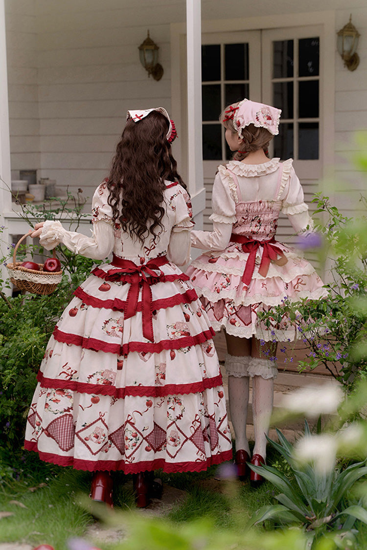 Red Beige Triple-Layer Apple Orchard Print Ruffle Embroidered Long Skirt