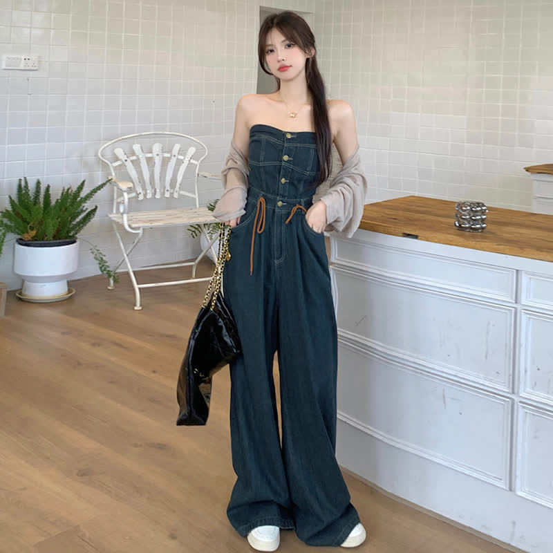 Elegant Knit Cardigan Off The Shoulder Denim Overalls modakawa