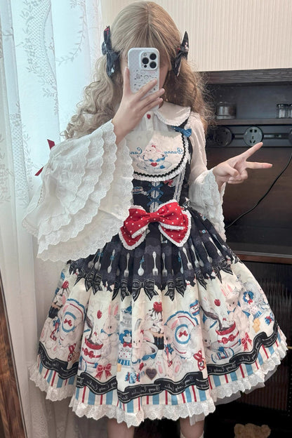 Sleeveless Printed Ruffle Bowknot Lace Sweet JSK