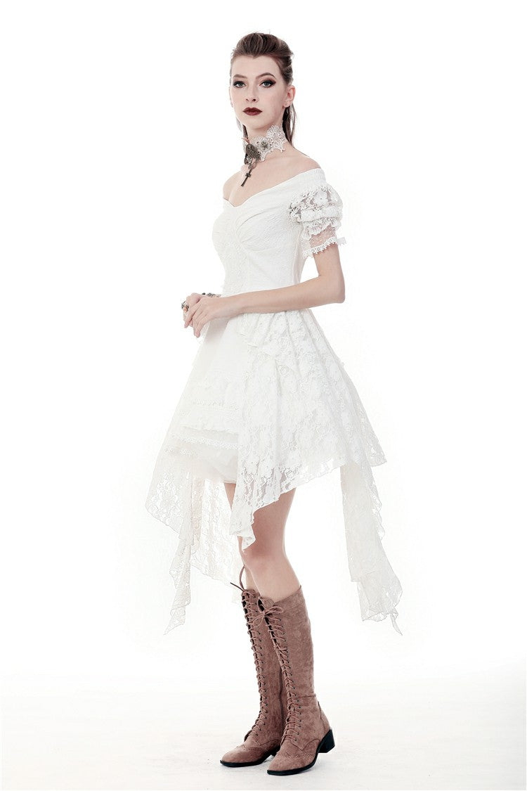 Ivory Off-Shoulder Lace Short Sleeve Steampunk Wedding Dress