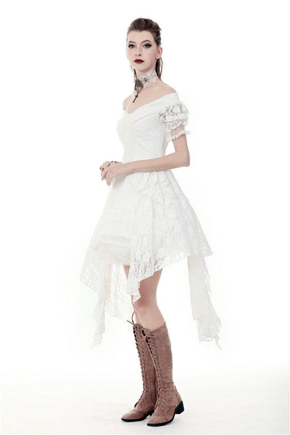 Ivory Off-Shoulder Lace Short Sleeve Steampunk Wedding Dress