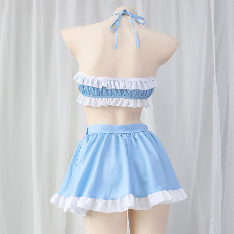 Sweet Blue Lace Up Ruffled Maid Skirt Lingerie Stockings Set