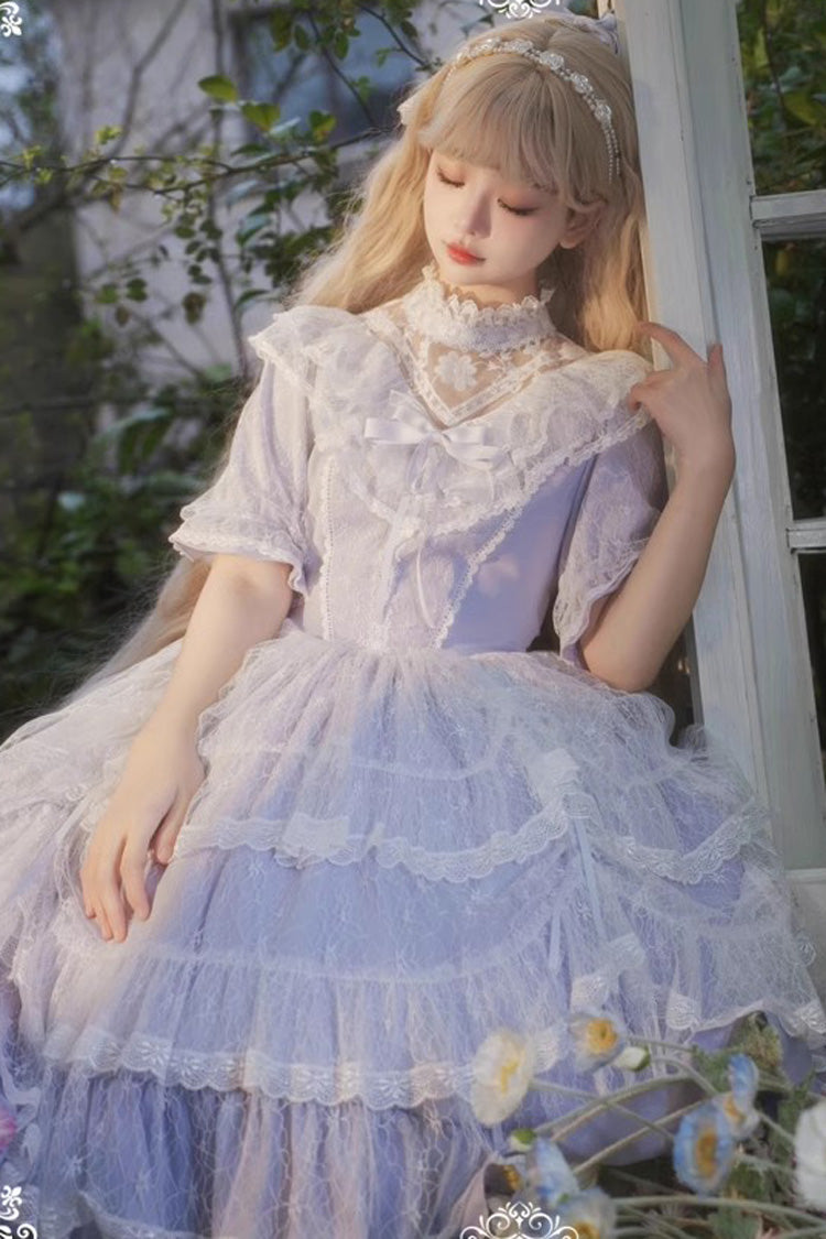 Purple Jacquard Bowknot OP Dress - Sweet Elegant Lolita
