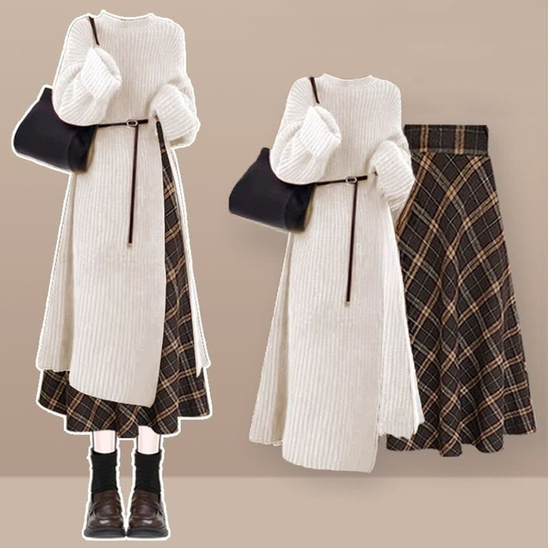 Belt Knit Plaid Skirt Two Dress Set Sweater Pieces