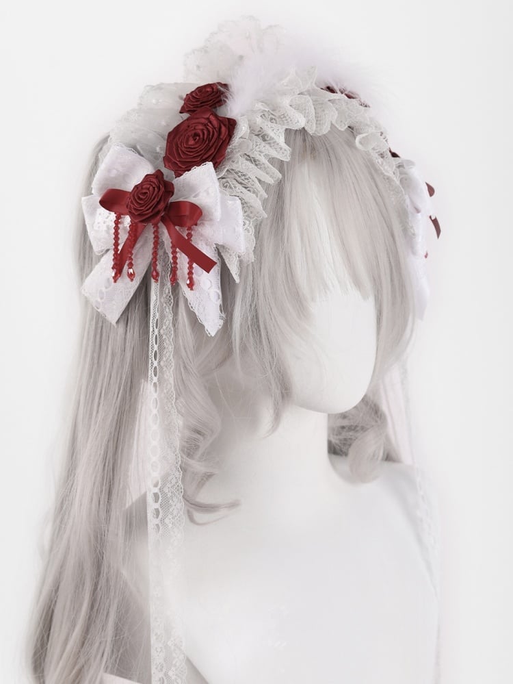 White Bowknots with Red Rosettes and Beads Hairband