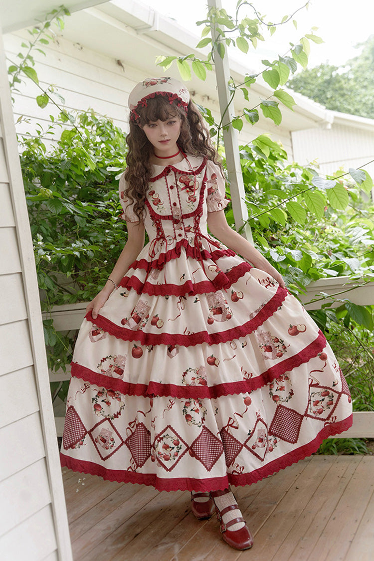 Red Beige Triple-Layer Apple Orchard Print Ruffle Embroidered Long Skirt