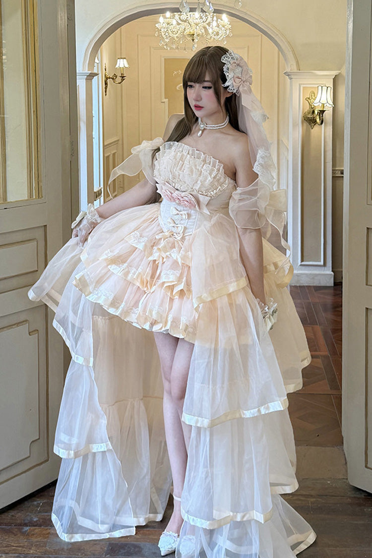 Rose Mousse Love Song Off Shoulder Sleeveless Triple Ruffled Bride Bow Elegant Ballet Short Set