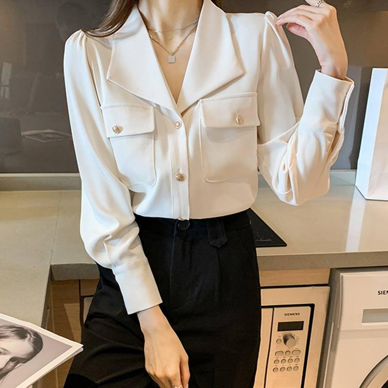 White Casual Lapel Neck Pocket Shirt