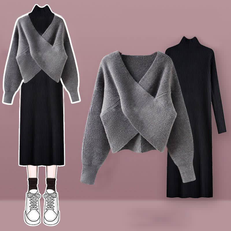 Ensemble robe pull en tricot croisé chic