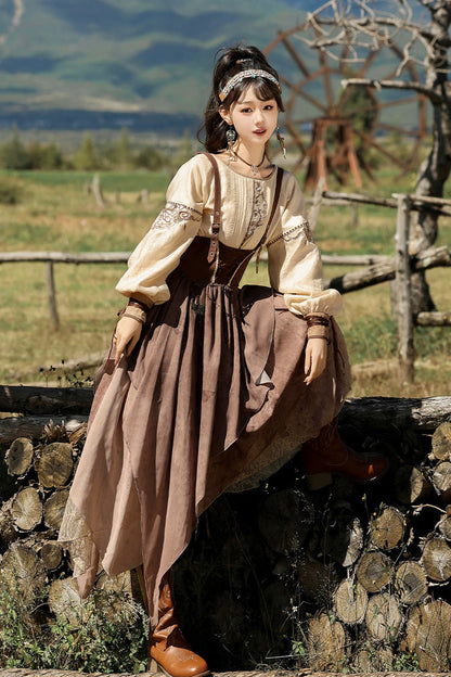 Brown Sunset Yellow Sand Print Irregular Asymmetric Vintage Lolita Dress Set