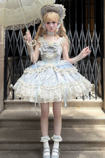 Blue Blossoming Heart Love Sleeveless Dark Jacquard Print Bow Lace Sweet Lolita Jsk Dress