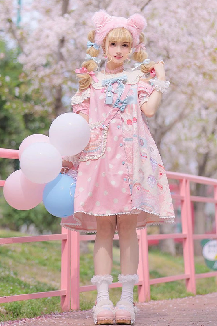 Chocolate Dessert Print Short-Sleeve Ruffled Bowknot Sweet Lolita Dress in Two Tones