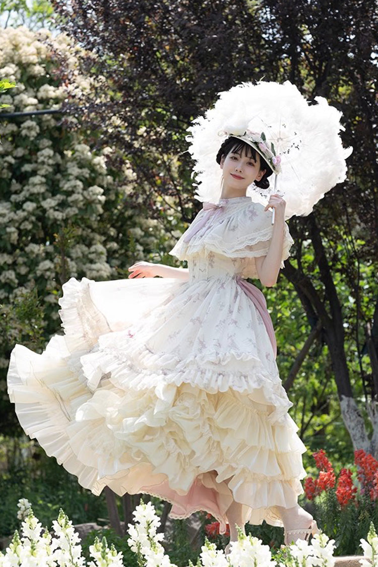 Bellflower Print Ruffled Lace Sweet Princess Gown