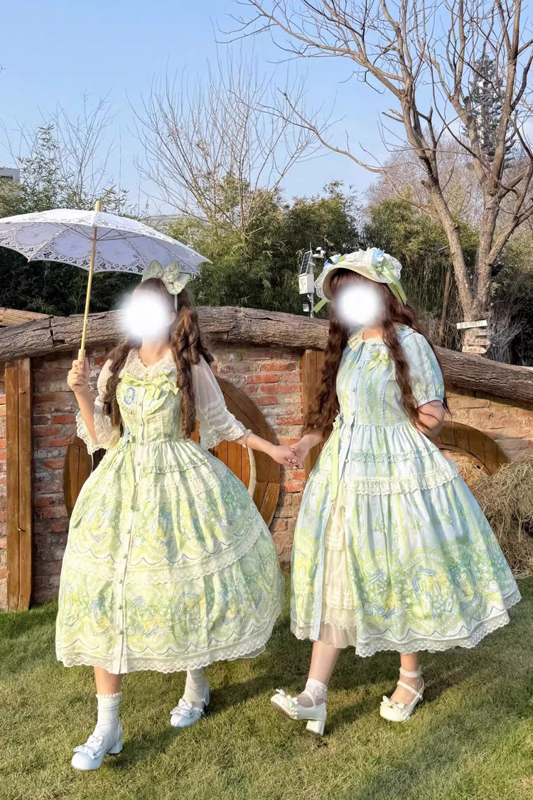 Blue Green Lily of the Valley Perfume Pearl Candy Tea Doll Collar Short Sleeve Print Lace Plus Sweet Lolita OP