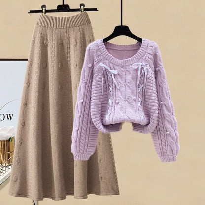 Set Skirt Cable Sweater Pills Decor Knit