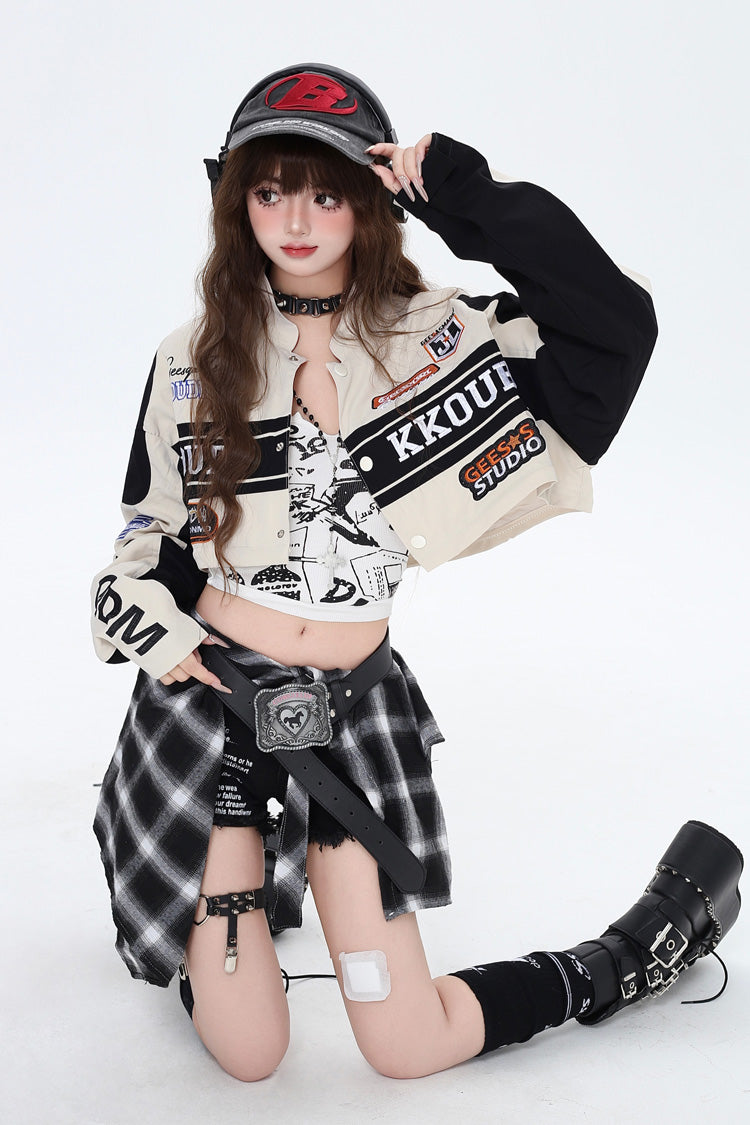 Biker Girl Print Embroidery Zip Detachable Coat Three Colors