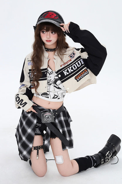 Biker Girl Print Embroidery Zip Detachable Coat Three Colors