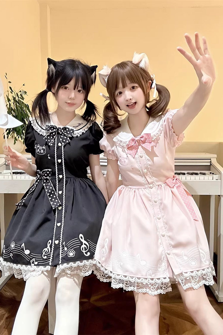 Rose Melody Kitty Doll Collar Short Sleeve Ruffled Embroidered Bow Lace Sweet Lolita Dress