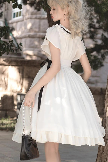 White Moonlight March Chiffon Short-Sleeved Ruffled Sweet Lolita Dress